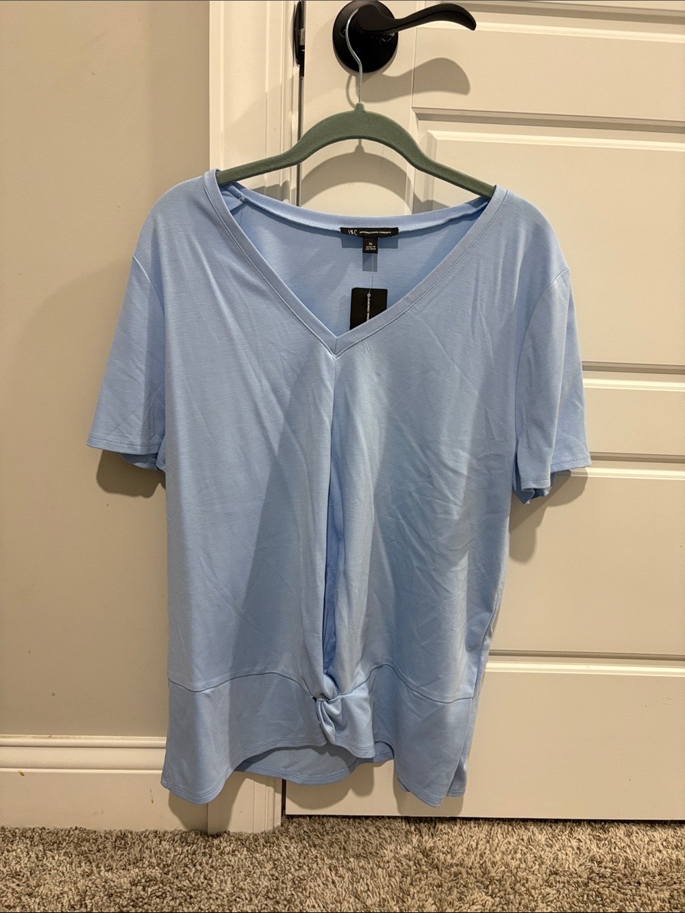 INC International Concepts Light Blue V-Neck Knot Front Tee